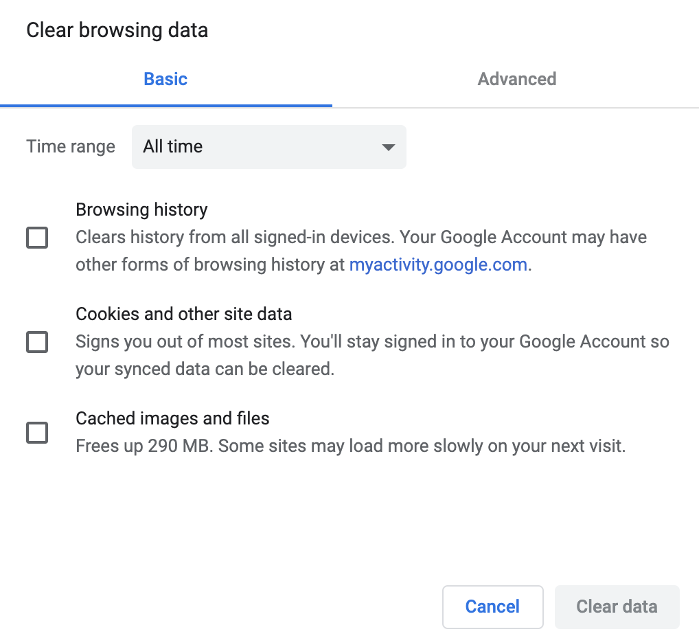 Google Chrome UI for clearing its browsing history