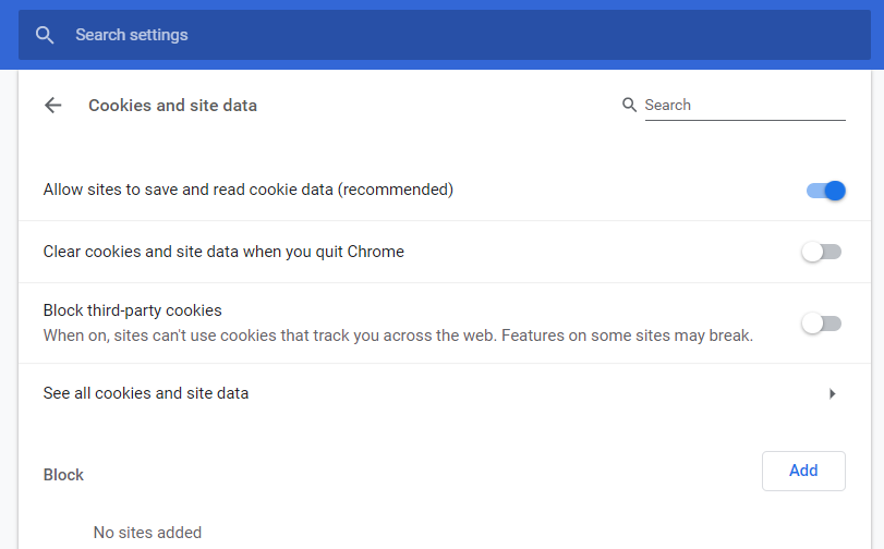 Google Chrome UI for managing cookie settings
