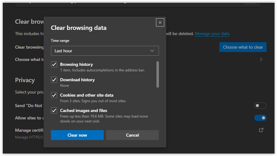 Microsoft Edge browsing data UI.