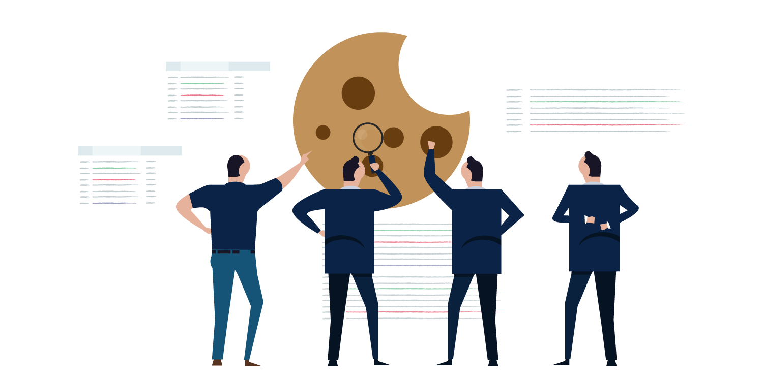 An illustration of several people looking at a giant chocolate chip cookie