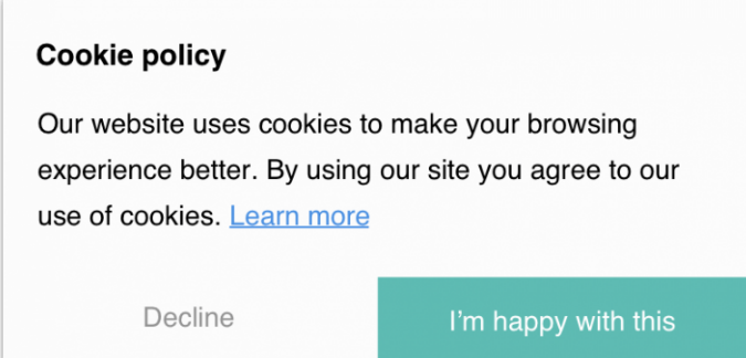 A screenshot of a cookie consent alert asking the user to agree to the site's use of cookies