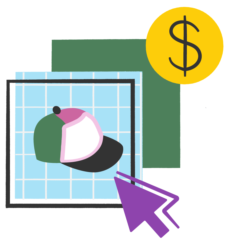 An illustration a mouse cursor clicking on a green baseball hat.