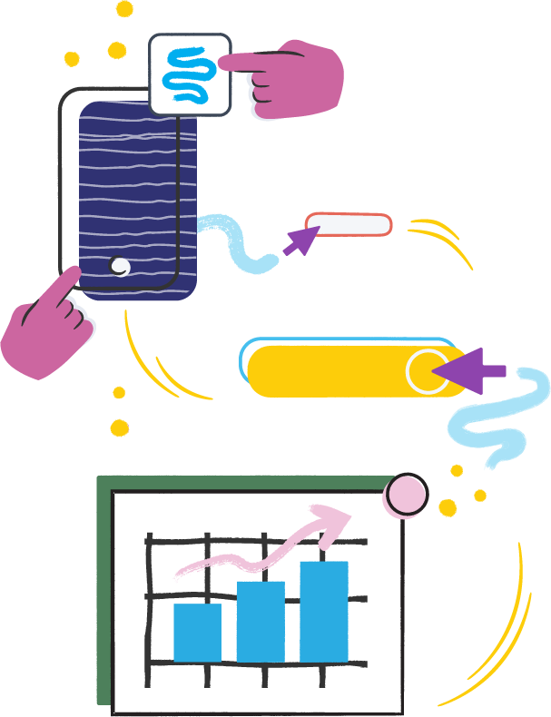 An illustration of many hands performing many tasks to contribute to small businesses.