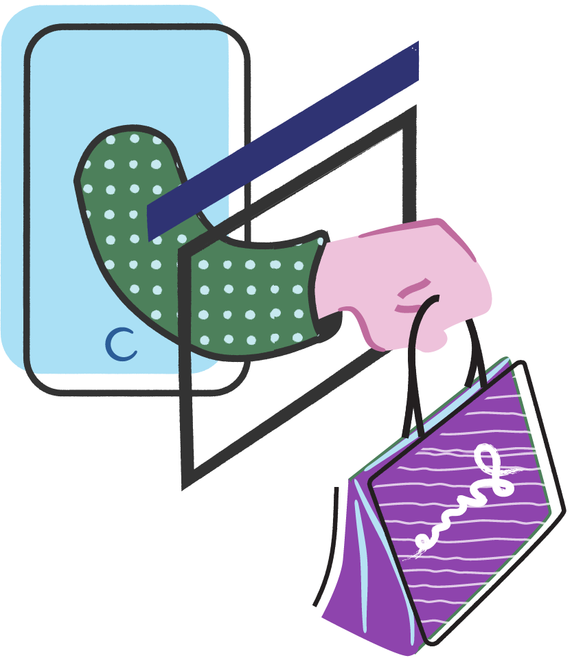 An illustration of an outstretched arm holding a shopping bag.
