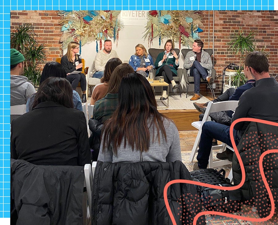A full panel of speakers sitting on a comfortable couch at a GGC meetup.