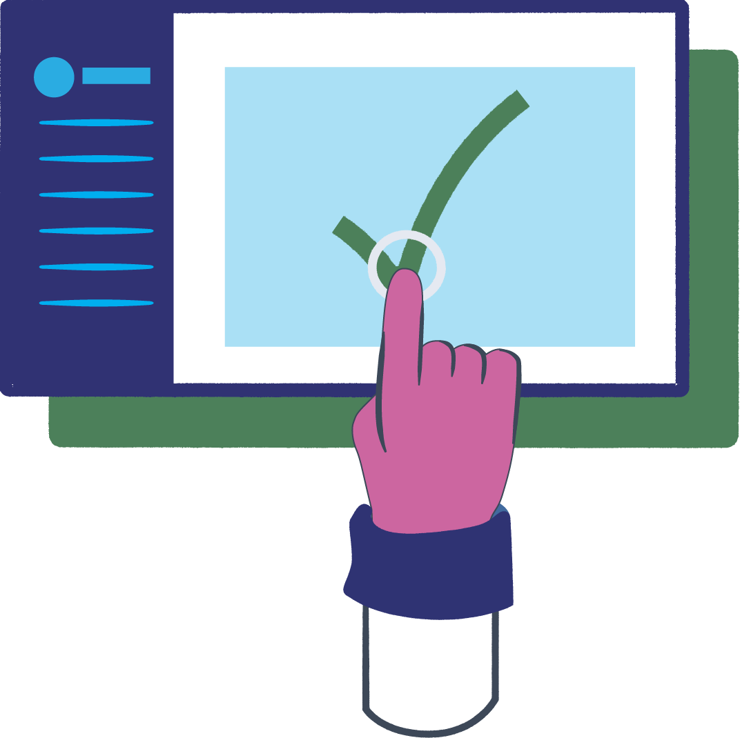 A user's finger clicking on a big green checkmark.