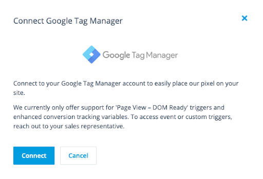Screenshot: Click 'Connect' to link Google Tag Manager