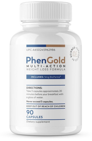 A white pill bottle of PhenGold. 