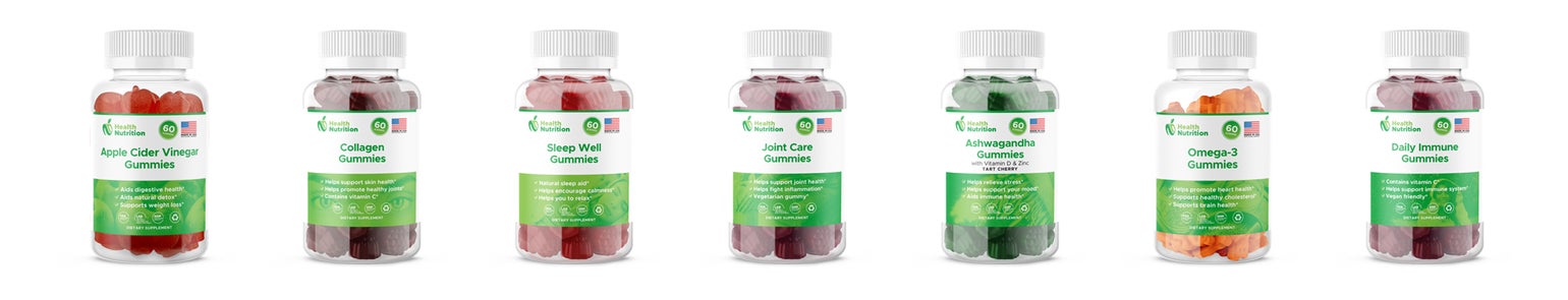 A selection of Health Nutrition's gummy suppliments. 
