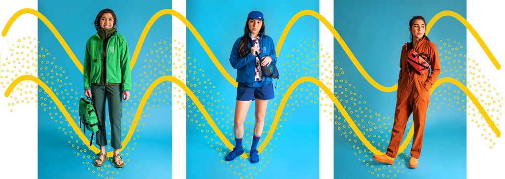 A model wearing three different color-coordinated looks from Topo Designs. 