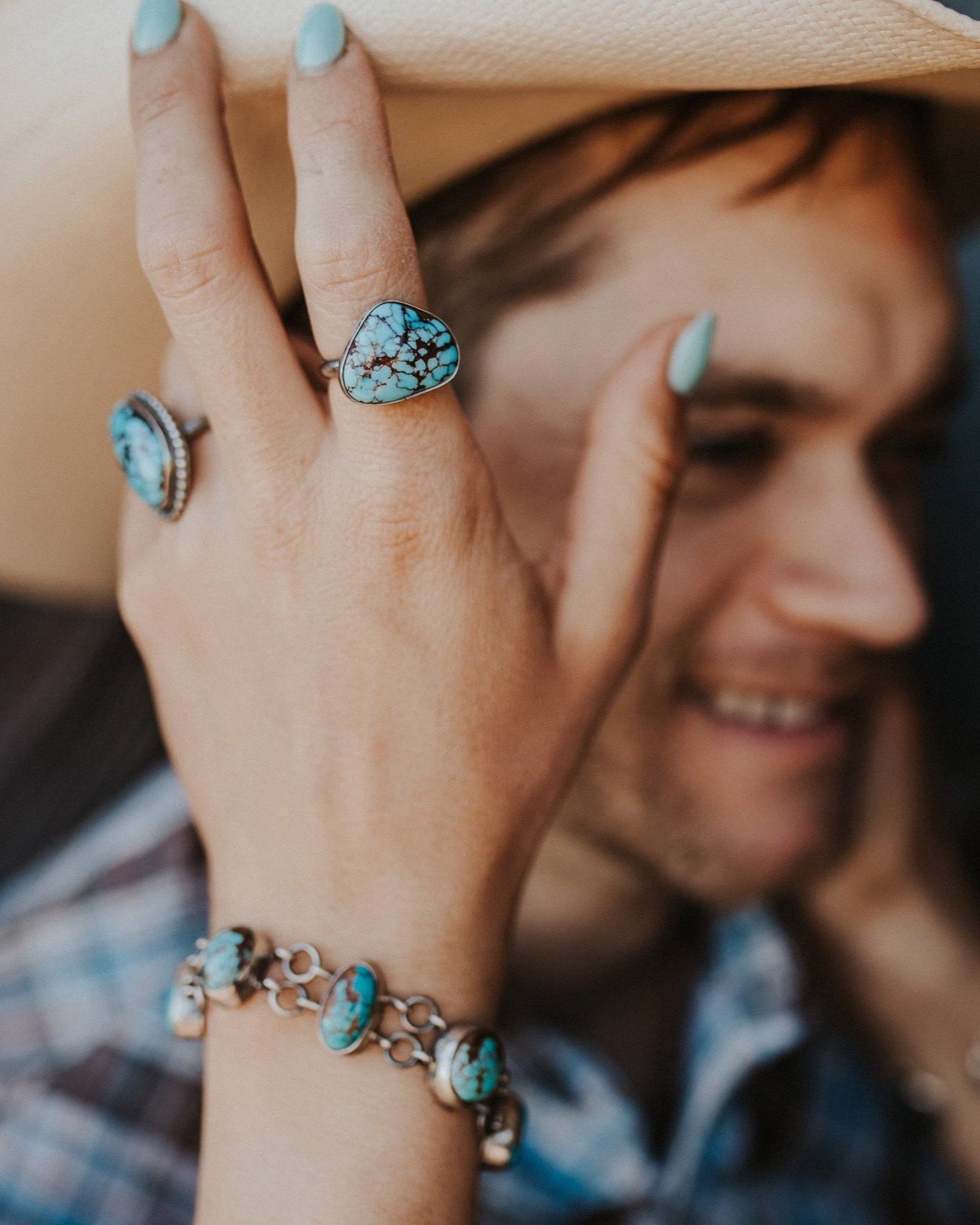 A bright blue turquoise ring and bracelet from Turnback Pony.