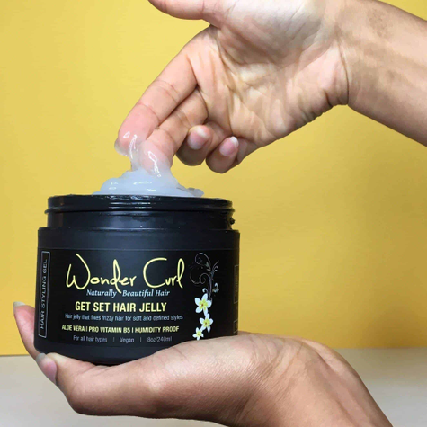 A container of Wonder Curl's 'Get Set Hair Jelly'.